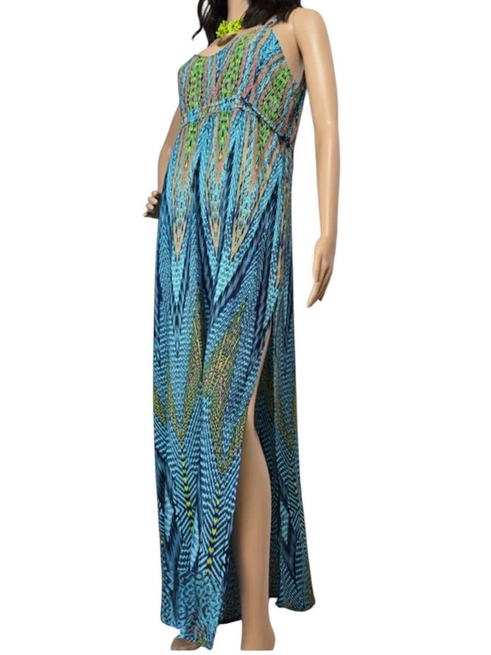 Charlie Jade Silk Blend Maxi Dress Medium Blue Green Abstract Print Side Slit